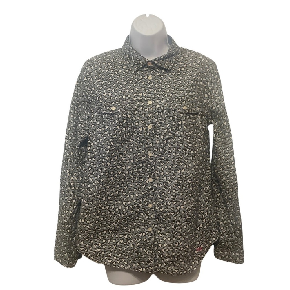 Talbots Womens Shirt Size 8 Black White Heart Print Button Down Long Sleeve